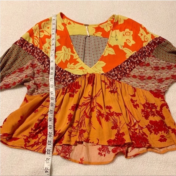 Free People Aloha State of Mind Patchwork Top Flower Detail Drapey Orange Yellow - Picture 9 of 14